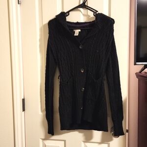 Medium Black hooded button-up cable-knit